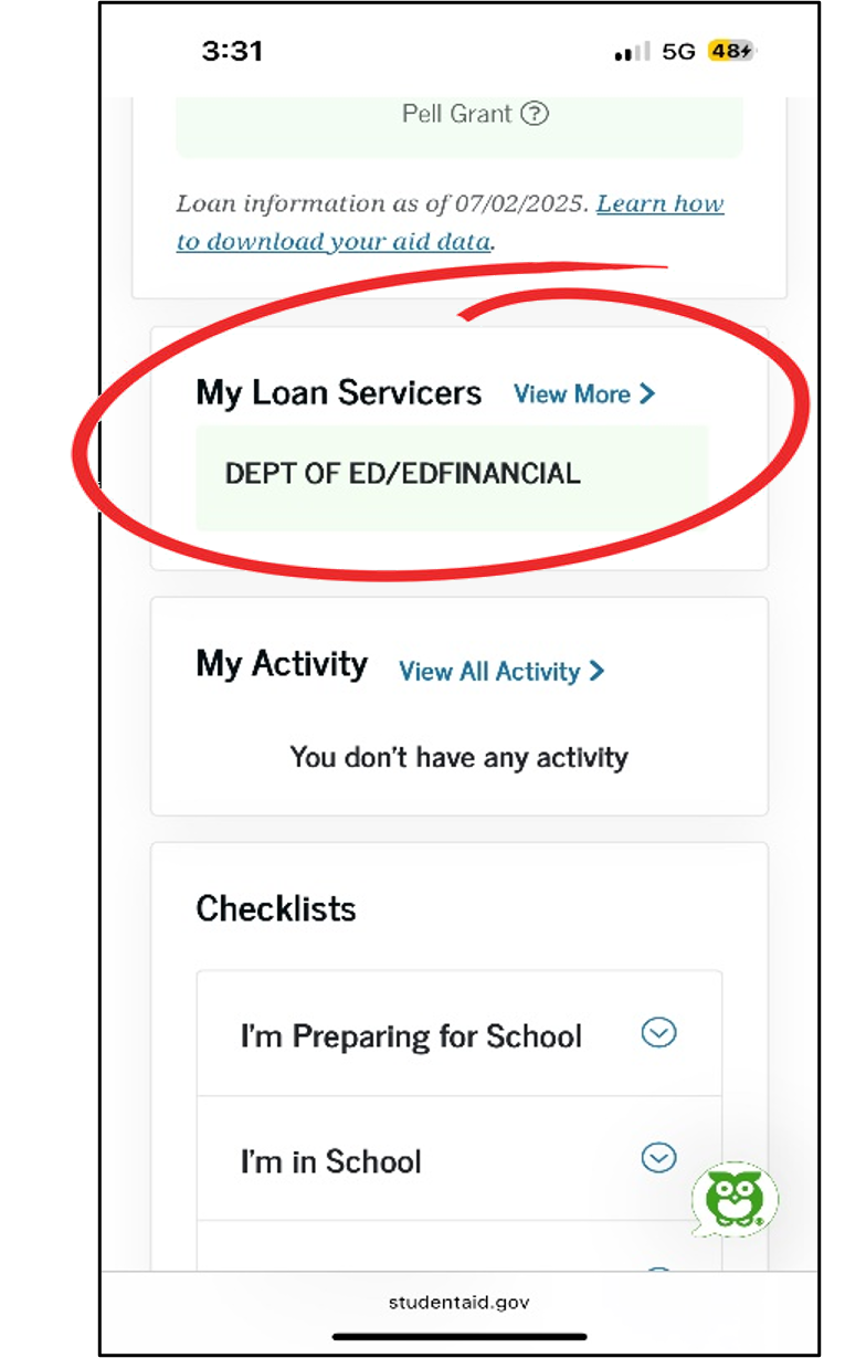 Loan information example in StudentAid dot gov