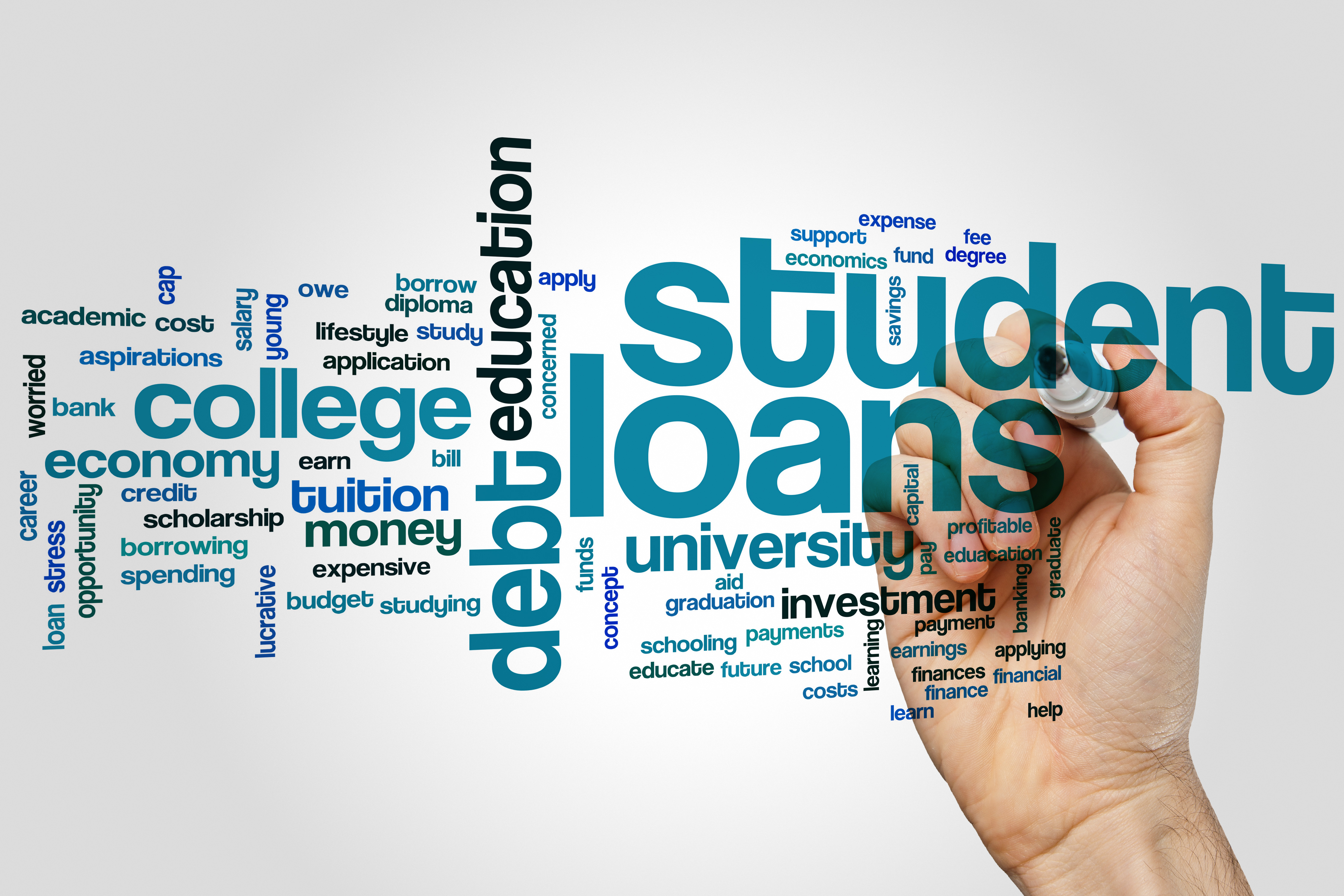 Graphic with various words describing student loans, investment, etcetera.