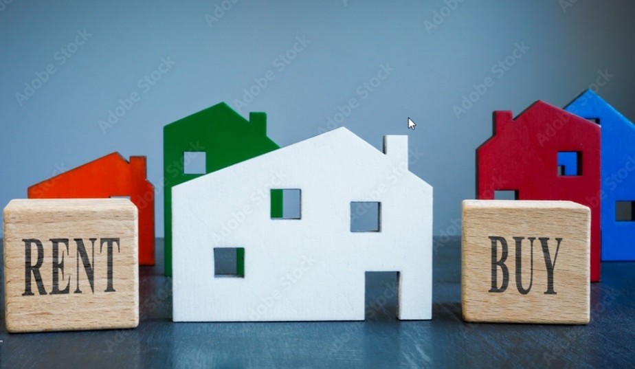 Graphic illustrating options of renting or buying on wooden blocks with a house model in between