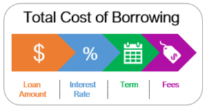 Graphic showing the total cost of borrowing, including loan amount, interest rate, loan term, and fees.