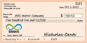 Example of a completed personal check with the required fields filled out.