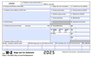 Sample W-2 tax form used to report wages earned and taxes withheld.